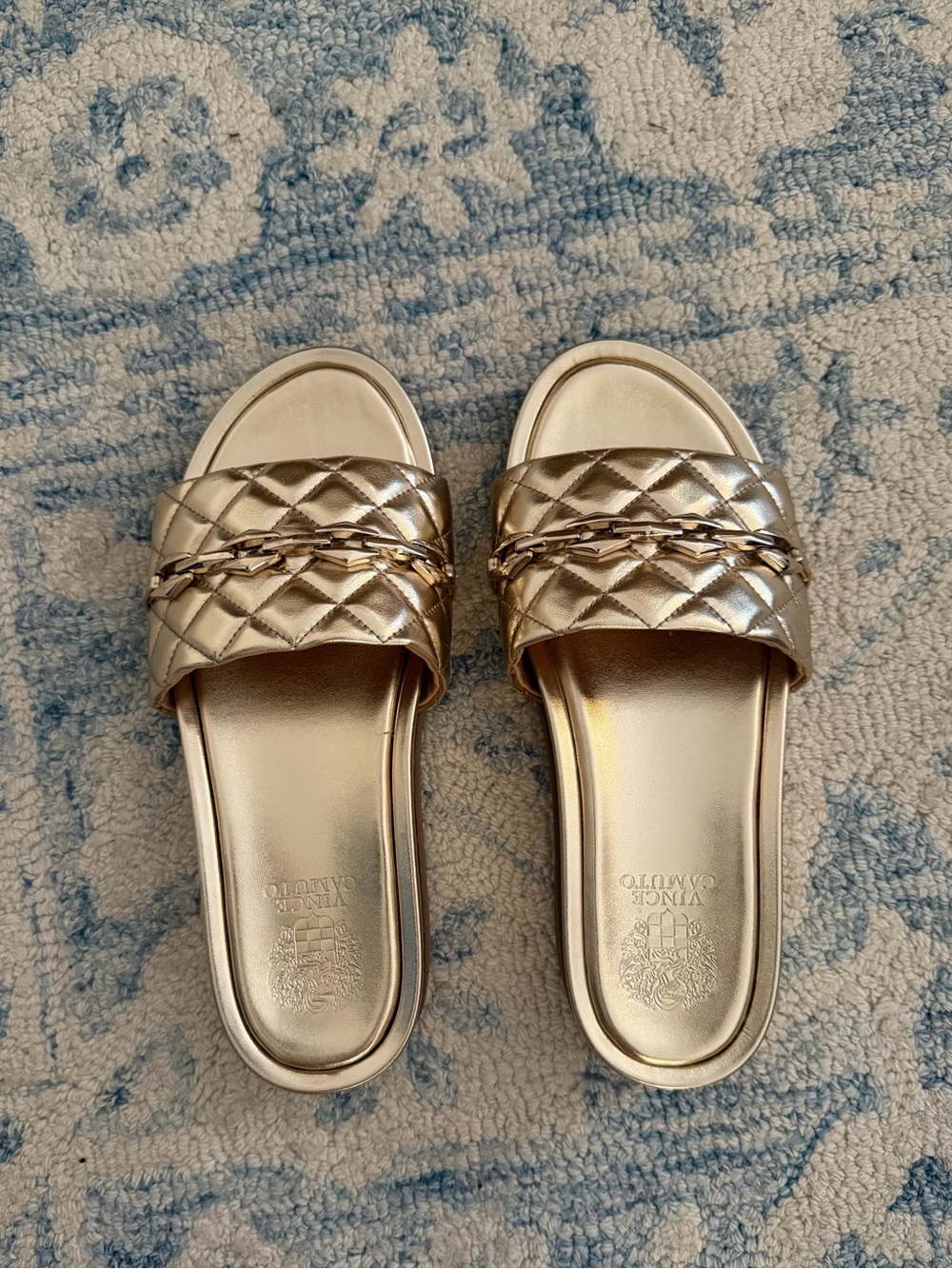 Vince Camuto Quilted Metallic Gold Slide Sandals with Chain Trim